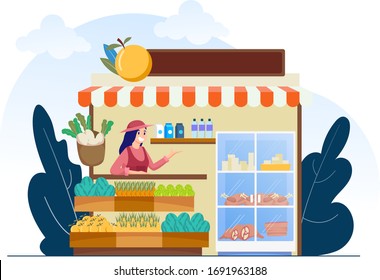 Los mercados tradicionales y las granjas venden frutas y verduras. dueño de un negocio de una mujer que trabaja en su propia tienda. Moderna ilustración vectorial plana de los alimentos frescos