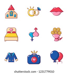 Traditional marriage icons set. Flat set of 9 traditional marriage vector icons for web isolated on white background
