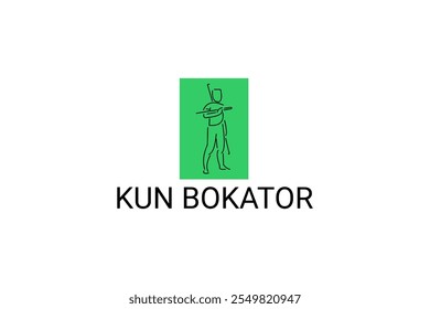 Arte marcial tradicional do Camboja "kun bokator". ícone da linha do vetor desportivo. sportman, posição de combate com escudo de bambu. ilustração do pictograma desportivo.