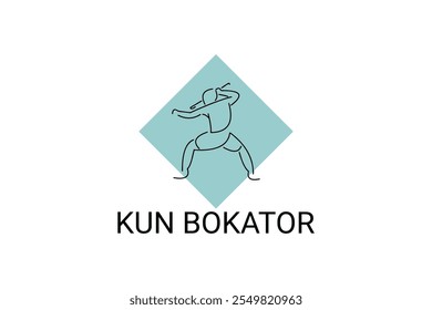 Arte marcial tradicional do Camboja "kun bokator". ícone da linha do vetor desportivo. sportman, posição de combate com escudo de bambu. ilustração do pictograma desportivo.