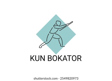 Arte marcial tradicional do Camboja "kun bokator". ícone da linha do vetor desportivo. sportman, posição de combate com escudo de bambu. ilustração do pictograma desportivo.