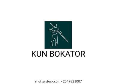 Arte marcial tradicional do Camboja "kun bokator". ícone da linha do vetor desportivo. sportman, posição de combate com escudo de bambu. ilustração do pictograma desportivo.