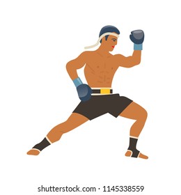 Traditional martial arts Thai box, attack with knees and elbows. Muay Thai, kickboxing, sport, fighting. Thailand soldier with bandage on his head and gloves, in fighting posture. Vector illustration.