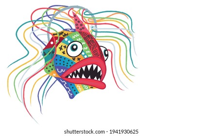 Traditional mask of the dancing devils of Corpus Christi in Naiguatá, Vargas state, Venezuela. Colorful and editable vector of a fish mask with copy space