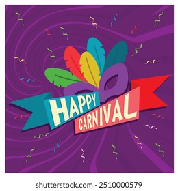 Traditional mask with feathers and confetti. A lively carnival celebration. Carnival Party concept. Flat vector illustration.