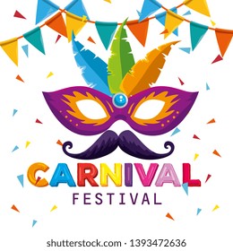 traditional mask with feathers decoration and mustache with party banner