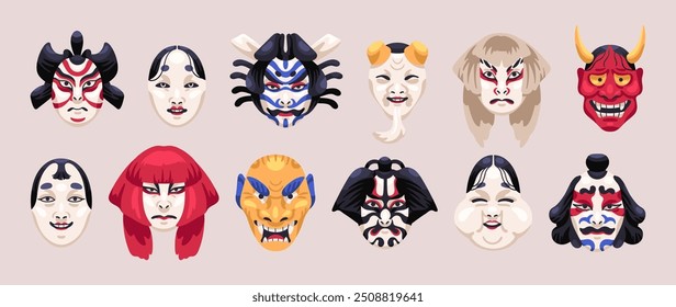 Máscara tradicional para el teatro japonés Kabuki. Diferentes caras estampadas de dioses y demonios de la cultura japonesa. Iconos festivos de namahage, okame para no teatro. Ilustraciones vectoriales aisladas planas