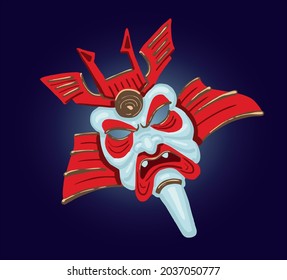 Traditional mask for theater in asia in vector. Kabuki red demon mask on the dark background