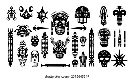 Traditional masks with human faces set -tribal symbol in black and white, folk art