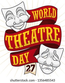 Traditional masks tangled in commemorative ribbon with reminder date to celebrate World Theatre Day this 27th March.