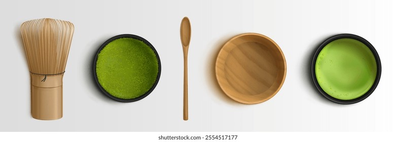 Traditional matcha set with bamboo whisk, wooden spoon, empty bowl and cups with green powdered and ready tea with foam. Realistic 3d top view on tools and equipment for preparing Japanese beverage.