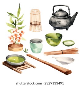 traditional matcha tea ceremony set watercolor illustration