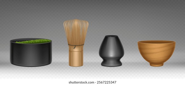 Traditional matcha tea ceremony set - dark ceramic bowl with green powder, bamboo whisk, charcoal stand and clay drinking vessel. Realistic 3d vector equipment for authentic Japanese tea preparation.