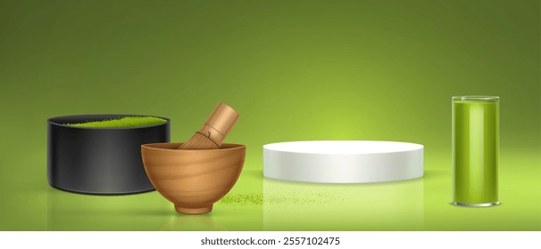 Traditional matcha tea setting with white podium, bamboo whisk, bowl with green powder and ready drink in glass. Realistic 3d platform with tools and equipment for preparing Japanese beverage.