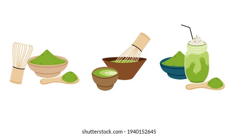 Traditional matcha tea vector illustration set. Powder leaf design elements collection. Asian, Japanese ceremony beverages in cartoon style.