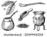 Traditional mate tea set. Vector ink hand drawn sketch style illustration for cafe or restaurant menu, print. Yerba mate ceremony with gourd and bombilla