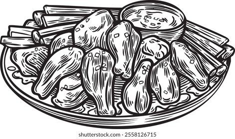 Traditional meal buffalo wings engraved line drawing illustration.