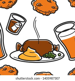 Traditional meal dessert and drinks Scottish cuisine and food seamless pattern vector haggis and brownie whiskey cola and beer or ale endless texture New Year dish and beverages wallpaper print