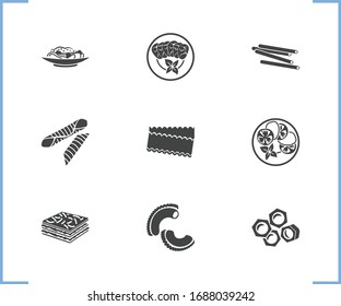 Traditional meal icon set and carpaccio with bucatini, garganelli pasta and caprese. Lasagna related traditional meal icon vector for web UI logo design.