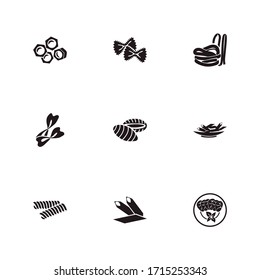 Traditional meal icon set and carpaccio with ave marie pasta, gnochi pasta and riccioli pasta. Penne pasta related traditional meal icon vector for web UI logo design.