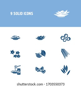 Traditional meal icon set and penne pasta with conchiglie pasta, noodle and fiocchi rigatte pasta. Tasty related traditional meal icon vector for web UI logo design.