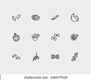 Traditional meal icons set. Garganelli pasta shape and traditional meal icons with fiocchi rigatte pasta shape, pippe doppia pasta shape and fettuccine. Set of noodles for web app logo UI design.