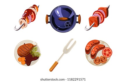 Traditional meat dishes set, kebab, sausage, fried chicken, top view vector Illustration on a white background