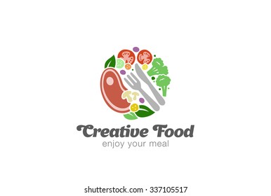 Traditional Meat and Vegetables on Plate Logo design vector template. Circle shape of Food Logotype concept icon.