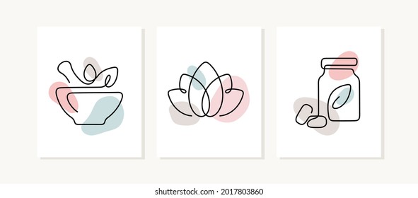 Traditional medicine cards. Modern continuous line pastel coloured vector illustration. 