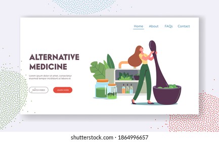 Traditional Medicine Landing Page Template. Tiny Female Character Grind Plants and Natural Ingredients in Huge Mortar for Making Ayurvedic Remedy, Herbs or Plants on Shelf. Cartoon Vector Illustration