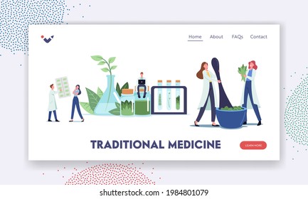 Traditional Medicine Landing Page Template. Natural Herbal Medication Researches in Laboratory. Scientist Doctors Characters Make Drugs of Medical Plants, Homeopathy. Cartoon Vector Illustration