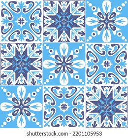Traditionelle mediterrane Keramikfliesen, rosafarbene blaue Dekorationsmuster, spanischer Azulejo-Talavera-Stil, Vektorgrafik