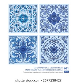 Baldosa de cerámica mediterránea tradicional con diseño de Vector ornamental floral azul Design-01