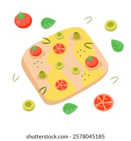 Traditional Mediterranean Italian cuisine of Liguria. Local focaccia with tomato and olives. Italy and tourism. Isolated vector illustration on white background. 