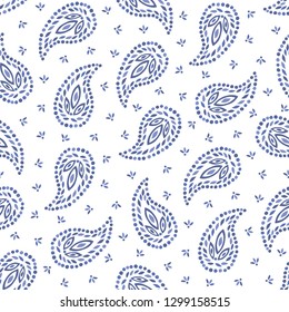 Traditional Medium Scale Blue Paisley Foulard Vector Seamless Pattern. Whimsical classic background.