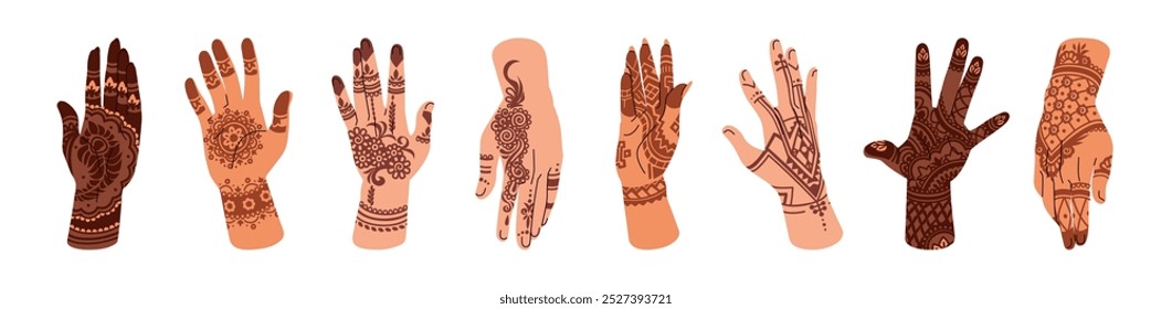 Tradicional mehendi no jogo de mãos. Tatuagens de hena indiana, padrões árabes nas palmas das mãos. Mulheres diversificadas com diferentes desenhos, estilos de mehndi, ornamentos florais. Ilustrações isoladas planas de vetor em branco