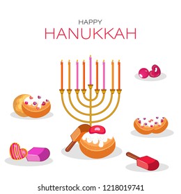 Traditional menorah (Candelabrum) with festival food elements on white background. Happy Hanukkah festival greeting card design.