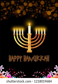 Traditional menorah (Candelabrum) on black background. Happy Hanukkah greeting card design.