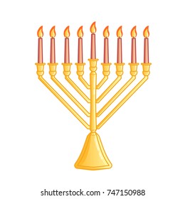 A traditional menorah for the Jewish Hanukkah festival. Color icon isolated on white background. Vector illustration. Usable for design, invitation, banner, background, poster.