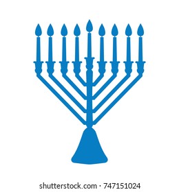 A traditional menorah for the Jewish Hanukkah festival. Blue silhouette icon isolated on white background. Vector illustration. Usable for design, invitation, banner, background, poster.