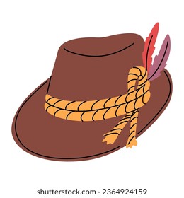 Traditional men's hat with feathers for the Munich Oktoberfest. Bavarian costume. Accessory in German culture. Vector flat illustration isolated on white background.