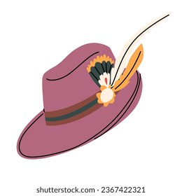 Traditional men's hat with feathers for the Munich Oktoberfest. Bavarian costume. Accessory in German culture. Vector flat illustration isolated on white background.