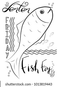 Traditional menu for Lent fasting celebration. Handwritten text  Fish Fry.  The symbol of the Christian religion. Vector design. 
