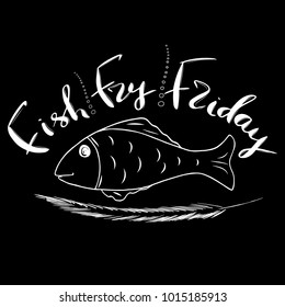 Traditional menu for Lent fasting celebration. Handwritten text  Fish Fry.  The symbol of the Christian religion. Vector design. 
