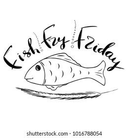 Traditional menu for Lent fasting celebration. Handwritten text  Fish Fry.  The symbol of the Christian religion. Vector design. 
