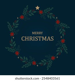 Traditional Merry Christmas greeting card with floral wreath on dark blue background