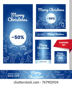 Traditional Merry Christmas shopping theme banners. Blue background with snow and stars. Action buttons and place for offer text. Modern polygonal thin line icons of fashion shoes - heels,boots,bags