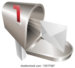 A traditional metal mailbox with letter flying out of it