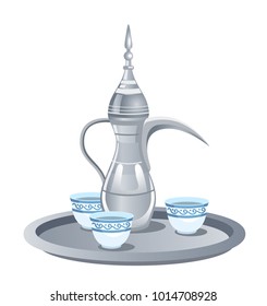 Traditional Metal Silver Arabic Coffee Set With Dallah, Three Cups. 