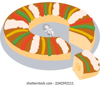 Traditional mexican bread for January 6th, called Rosca de Reyes with plastic Niño Dios.